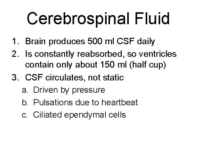Cerebrospinal Fluid 1. Brain produces 500 ml CSF daily 2. Is constantly reabsorbed, so