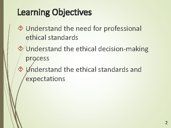 Learning Objectives Understand the need for professional ethical standards Understand the ethical decision-making process