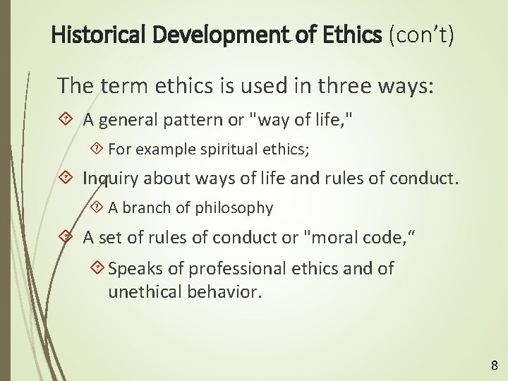 Historical Development of Ethics (con’t) The term ethics is used in three ways: A