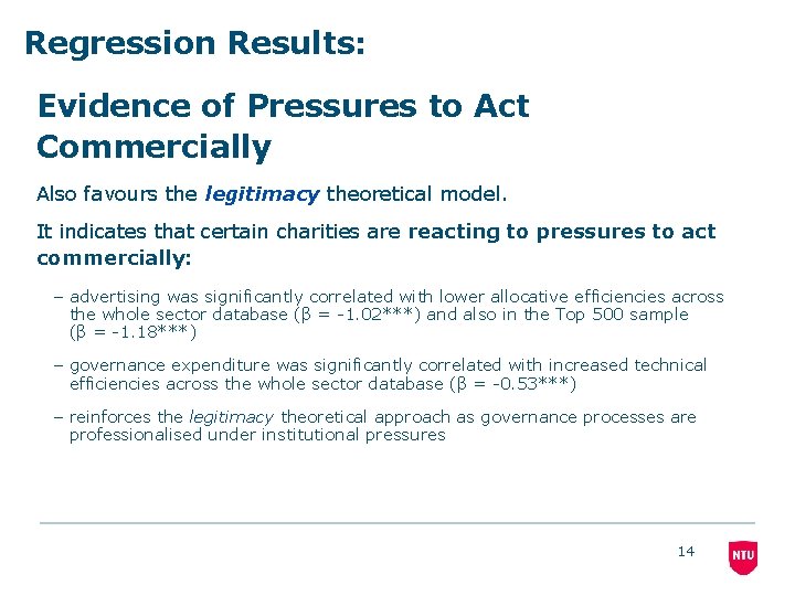 Regression Results: Evidence of Pressures to Act Commercially Also favours the legitimacy theoretical model.