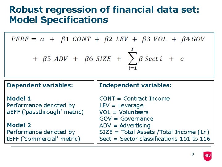 Robust regression of financial data set: Model Specifications Dependent variables: Independent variables: Model 1