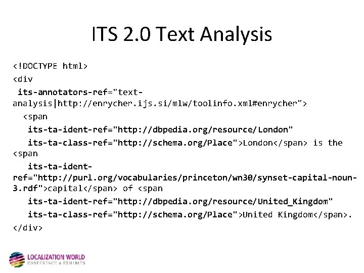 ITS 2. 0 Text Analysis <!DOCTYPE html> <div its-annotators-ref="textanalysis|http: //enrycher. ijs. si/mlw/toolinfo. xml#enrycher"> <span