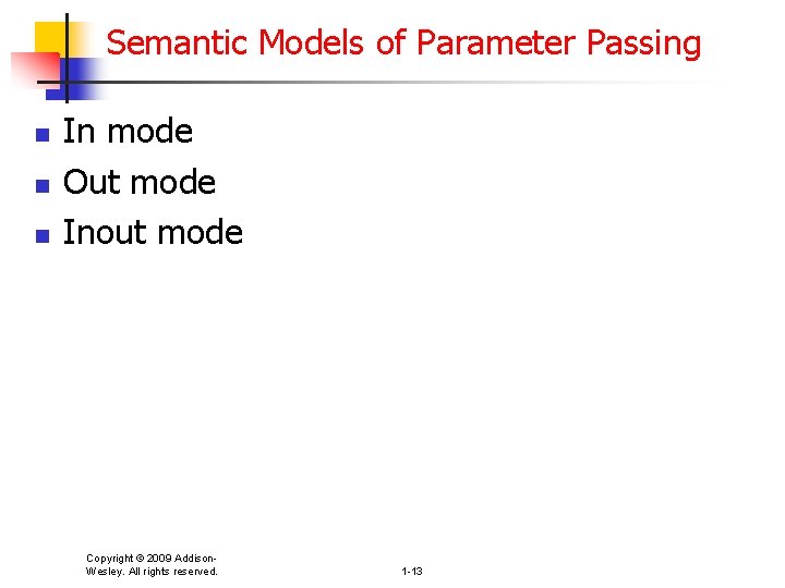 Semantic Models of Parameter Passing n n n In mode Out mode Inout mode