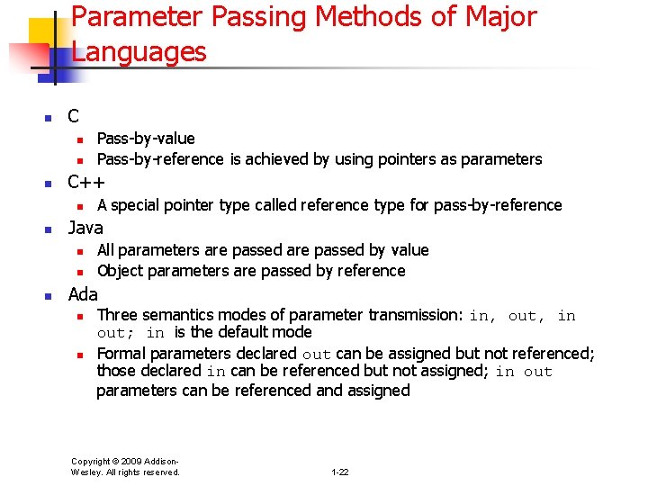 Parameter Passing Methods of Major Languages n C n n n C++ n n