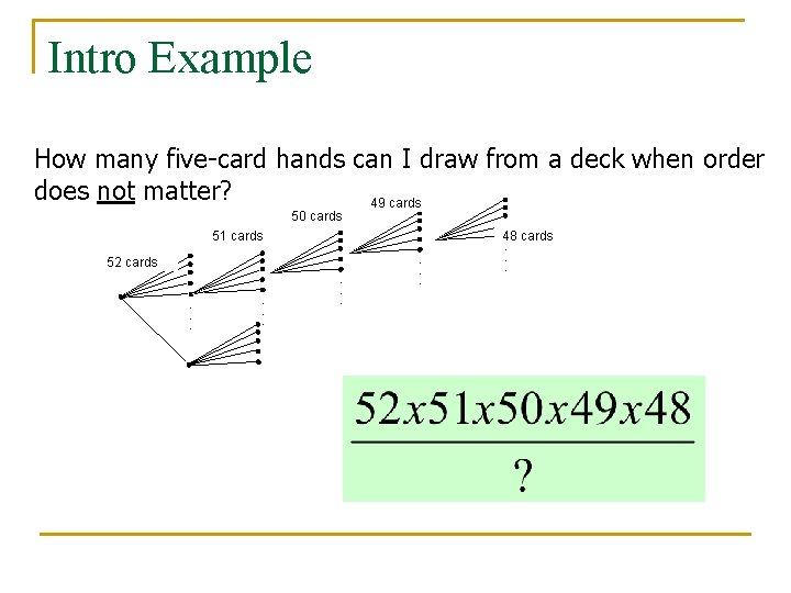 Intro Example How many five-card hands can I draw from a deck when order