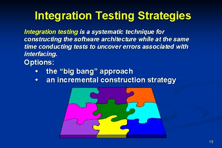 Integration Testing Strategies Integration testing is a systematic technique for constructing the software architecture