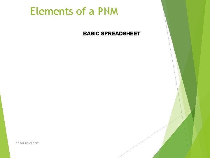 Elements of a PNM BASIC SPREADSHEET BE AMERICA’S BEST 