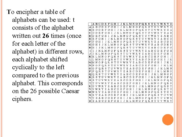 To encipher a table of alphabets can be used: t consists of the alphabet