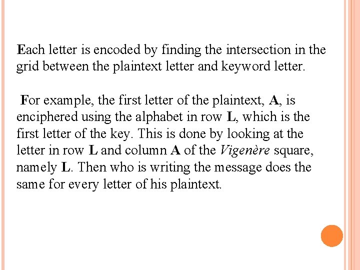 Each letter is encoded by finding the intersection in the grid between the plaintext