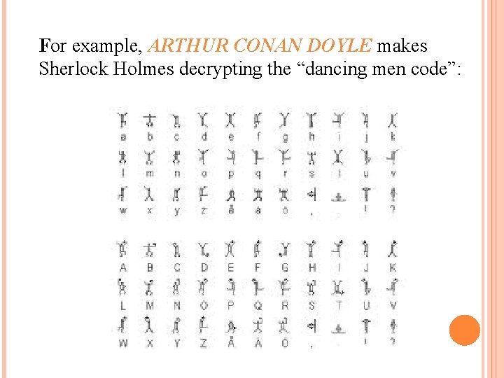 For example, ARTHUR CONAN DOYLE makes Sherlock Holmes decrypting the “dancing men code”: 