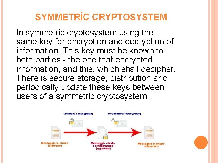 SYMMETRİC CRYPTOSYSTEM In symmetric cryptosystem using the same key for encryption and decryption of