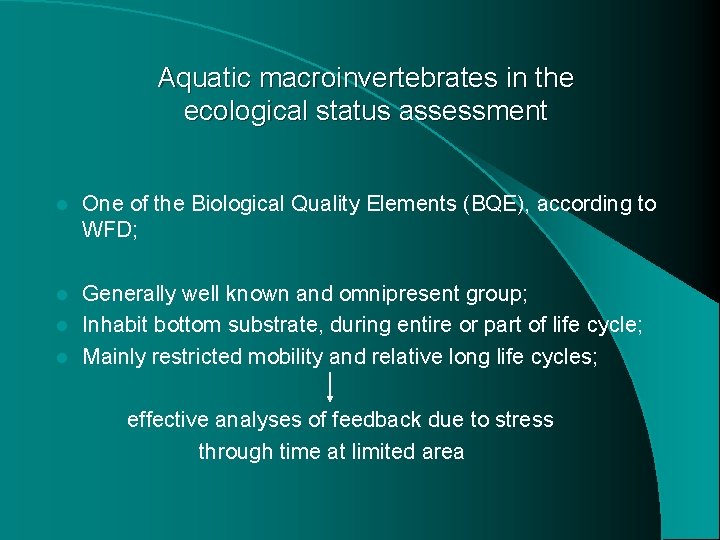 Aquatic macroinvertebrates in the ecological status assessment l One of the Biological Quality Elements