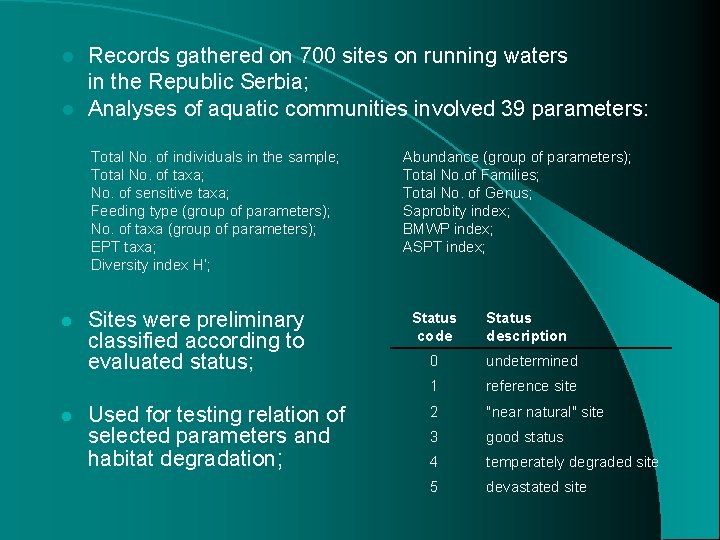 Records gathered on 700 sites on running waters in the Republic Serbia; l Analyses