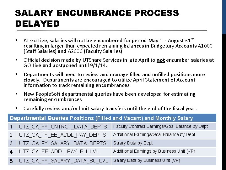 SALARY ENCUMBRANCE PROCESS DELAYED § At Go Live, salaries will not be encumbered for