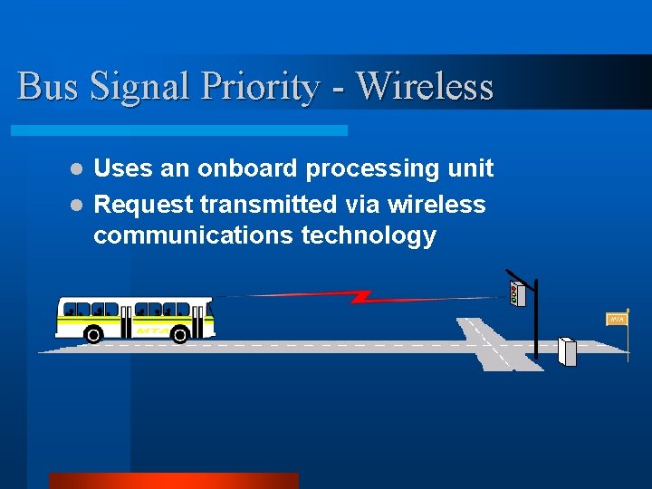 Bus Signal Priority - Wireless Uses an onboard processing unit l Request transmitted via