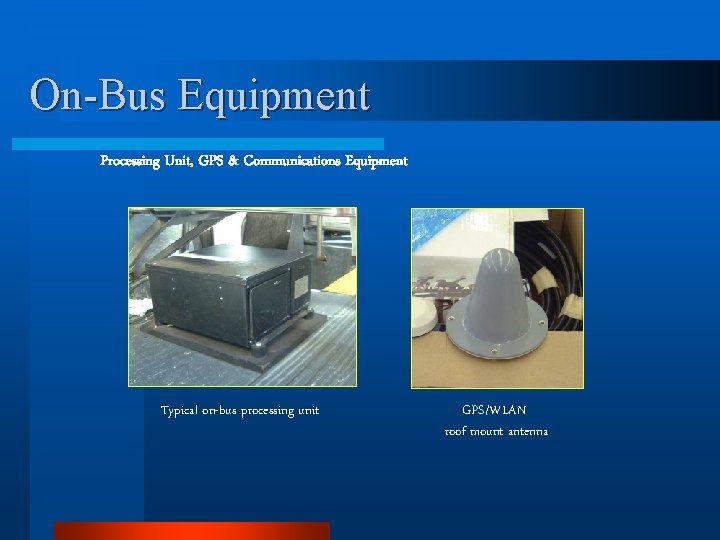 On-Bus Equipment Processing Unit, GPS & Communications Equipment Typical on-bus processing unit GPS/WLAN roof