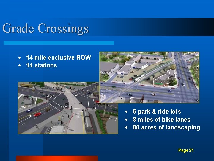 Grade Crossings · 14 mile exclusive ROW · 14 stations · 6 park &