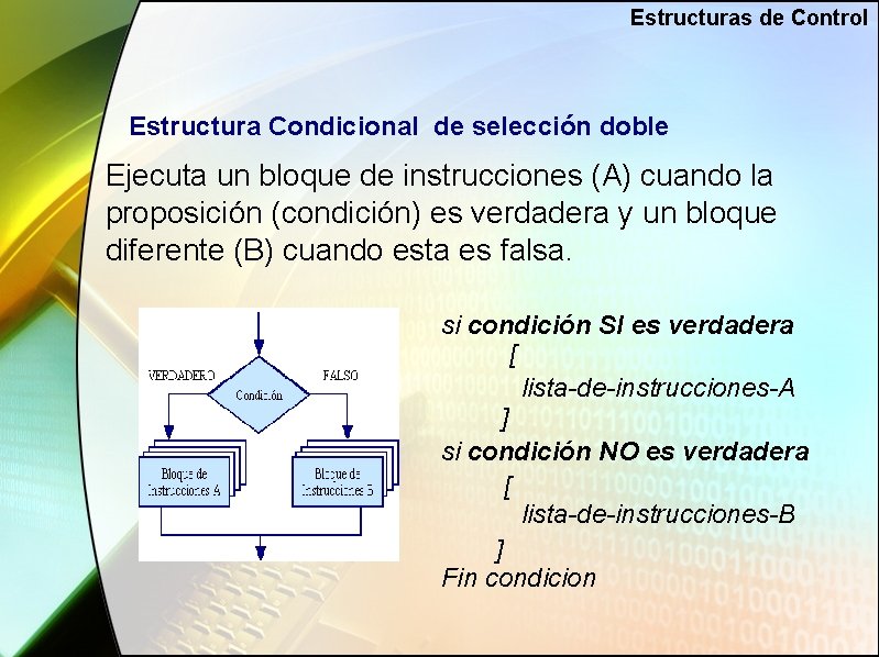 Estructuras de Control Estructura Condicional de selección doble Ejecuta un bloque de instrucciones (A)