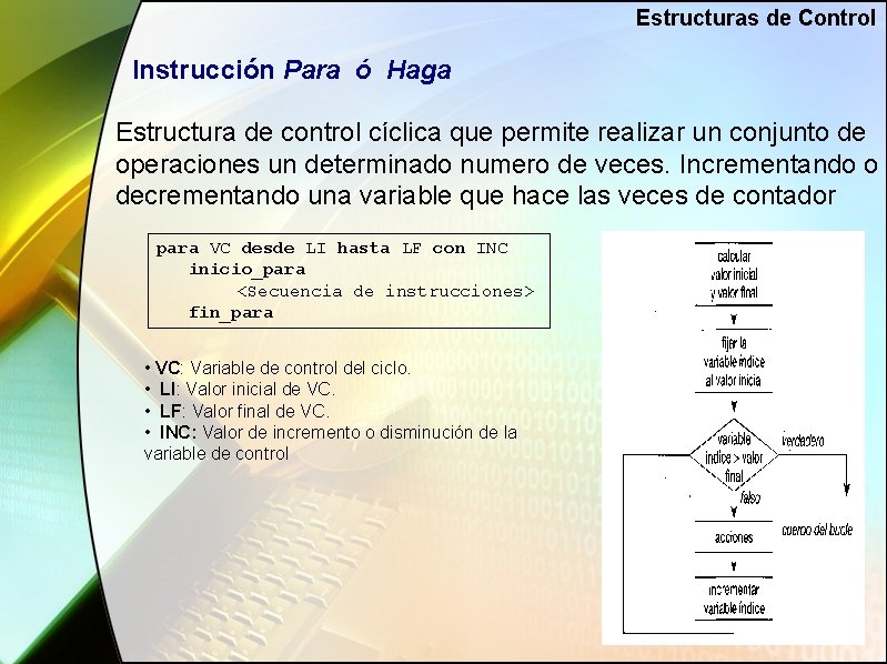 Estructuras de Control Instrucción Para ó Haga Estructura de control cíclica que permite realizar