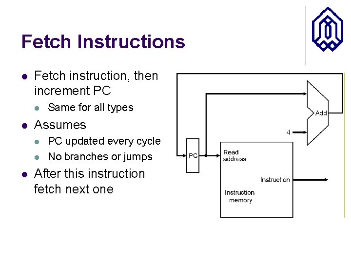 Fetch Instructions l Fetch instruction, then increment PC l l Assumes l l l