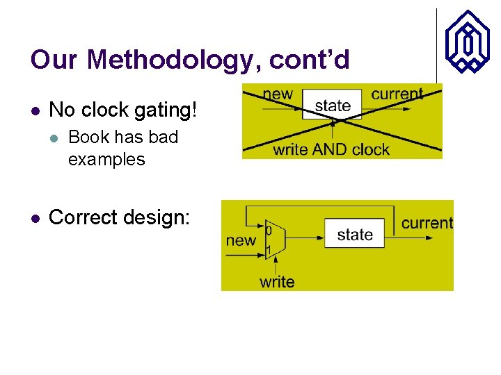 Our Methodology, cont’d l No clock gating! l l Book has bad examples Correct