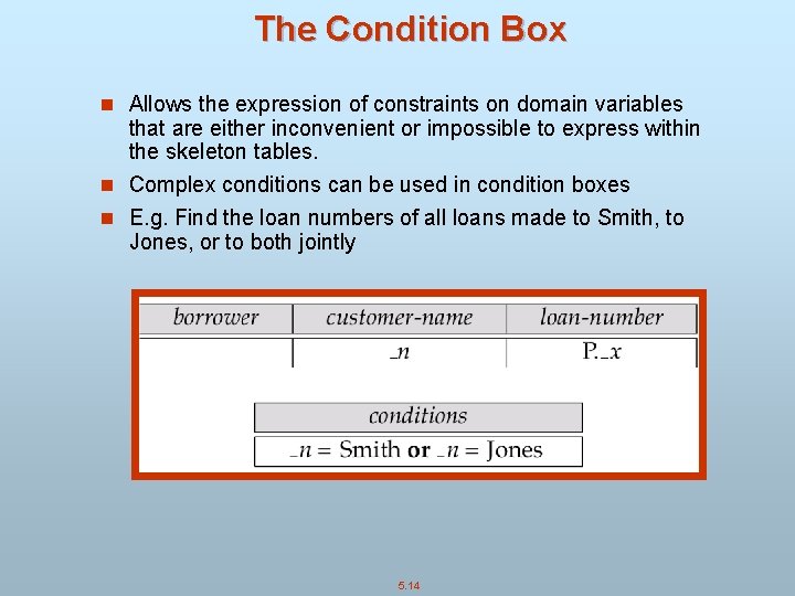 The Condition Box n Allows the expression of constraints on domain variables that are
