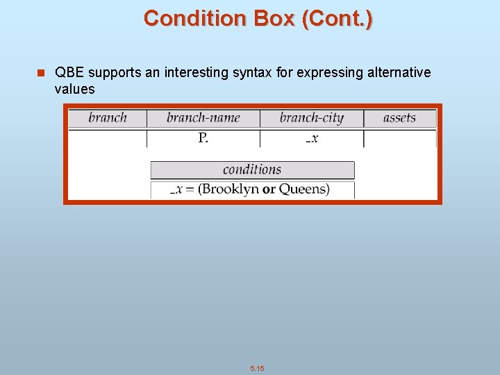 Condition Box (Cont. ) n QBE supports an interesting syntax for expressing alternative values