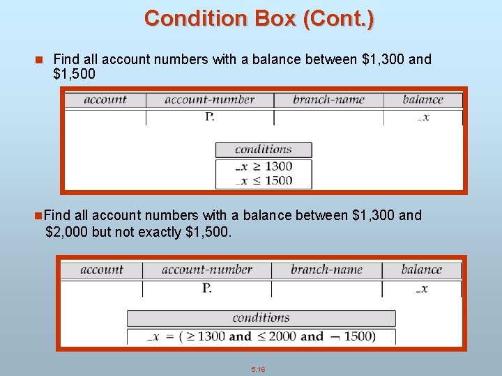 Condition Box (Cont. ) n Find all account numbers with a balance between $1,