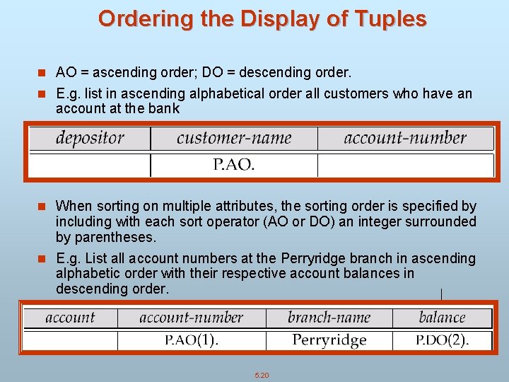 Ordering the Display of Tuples n AO = ascending order; DO = descending order.