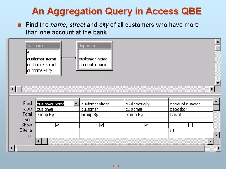 An Aggregation Query in Access QBE n Find the name, street and city of