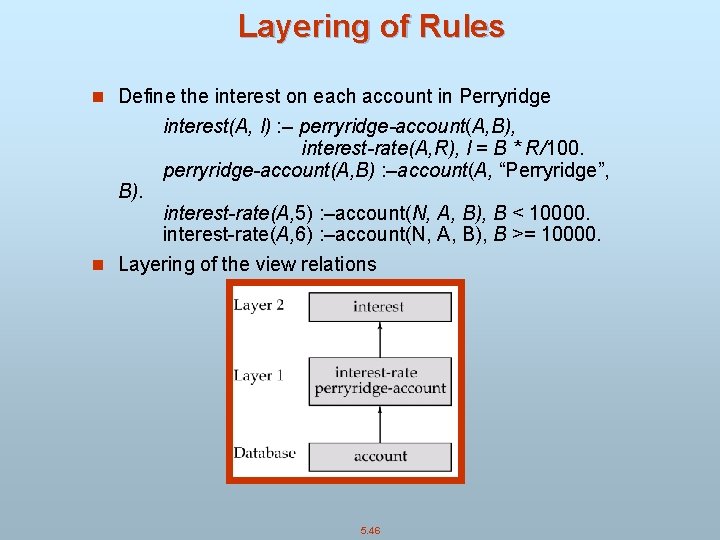 Layering of Rules n Define the interest on each account in Perryridge B). interest(A,