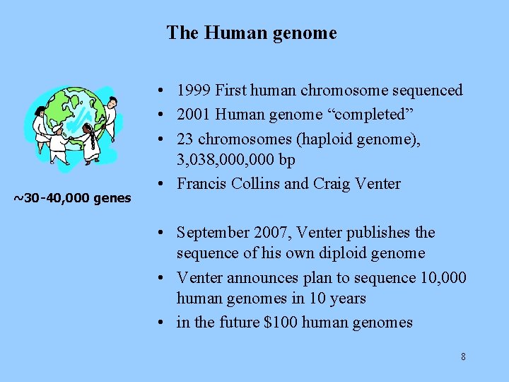 The Human genome ~30 -40, 000 genes • 1999 First human chromosome sequenced •