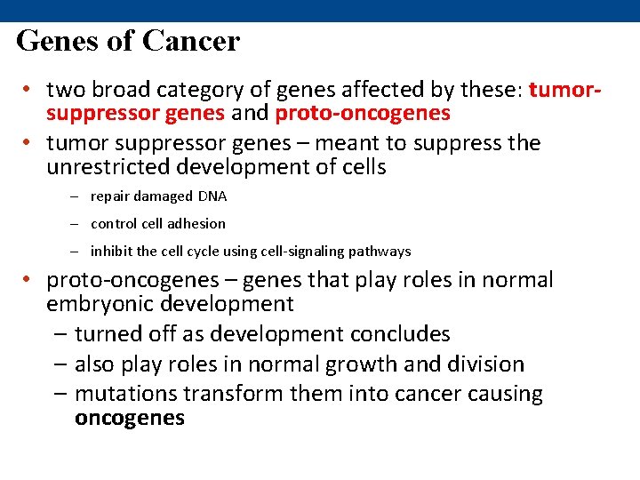 Genes of Cancer • two broad category of genes affected by these: tumorsuppressor genes