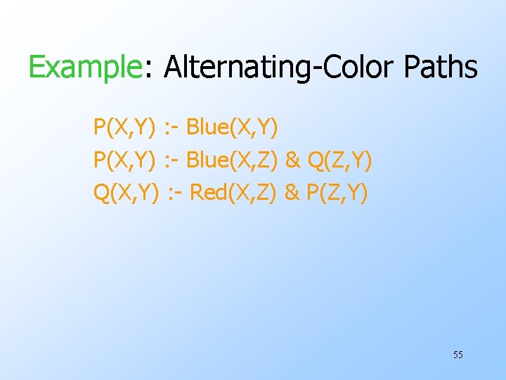 Example: Alternating-Color Paths P(X, Y) : - Blue(X, Y) P(X, Y) : - Blue(X,