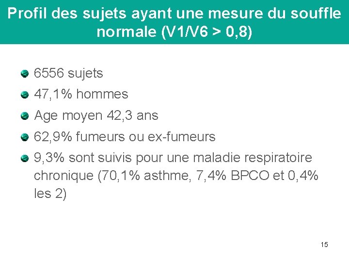 Profil des sujets ayant une mesure du souffle normale (V 1/V 6 > 0,
