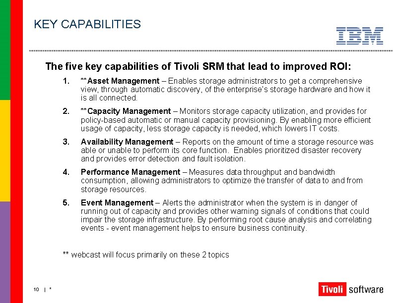 KEY CAPABILITIES The five key capabilities of Tivoli SRM that lead to improved ROI: