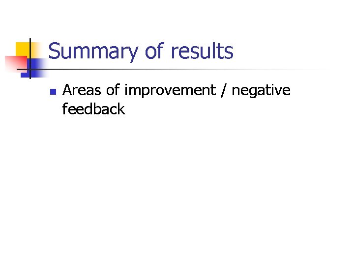 Summary of results n Areas of improvement / negative feedback 