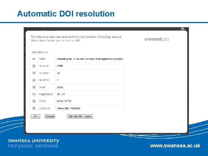 Automatic DOI resolution www. swansea. ac. uk 