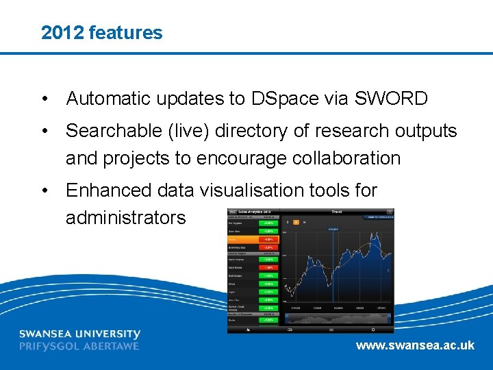 2012 features • Automatic updates to DSpace via SWORD • Searchable (live) directory of