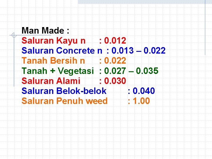 Man Made : Saluran Kayu n : 0. 012 Saluran Concrete n : 0.