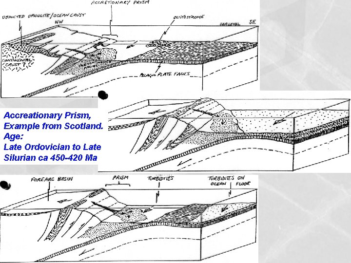 Accreationary Prism, Example from Scotland. Age: Late Ordovician to Late Silurian ca 450 -420