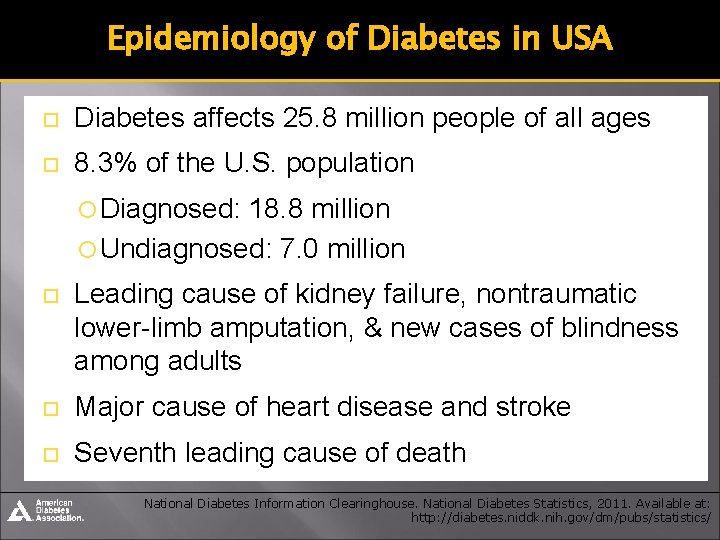 Epidemiology of Diabetes in USA Diabetes affects 25. 8 million people of all ages