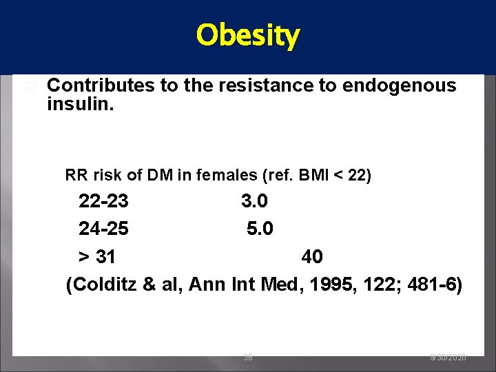 Obesity Contributes to the resistance to endogenous insulin. RR risk of DM in females