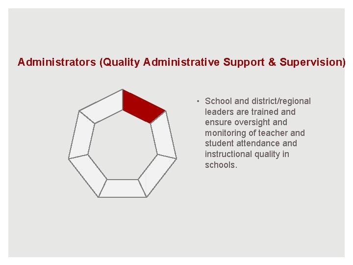 Administrators (Quality Administrative Support & Supervision) • School and district/regional leaders are trained and