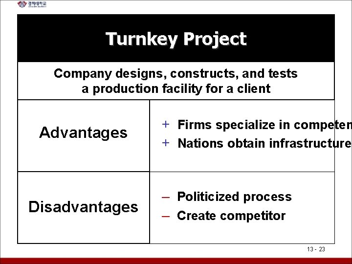 Turnkey Project Company designs, constructs, and tests a production facility for a client Advantages