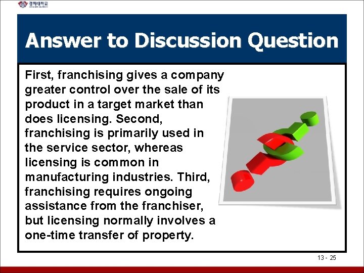 Answer to Discussion Question First, franchising gives a company greater control over the sale