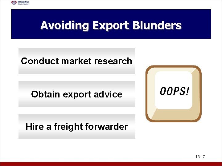 Avoiding Export Blunders Conduct market research Obtain export advice Hire a freight forwarder 13