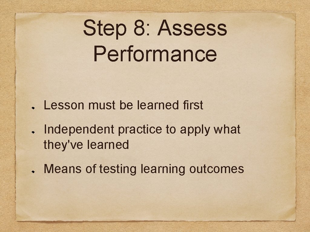Step 8: Assess Performance Lesson must be learned first Independent practice to apply what