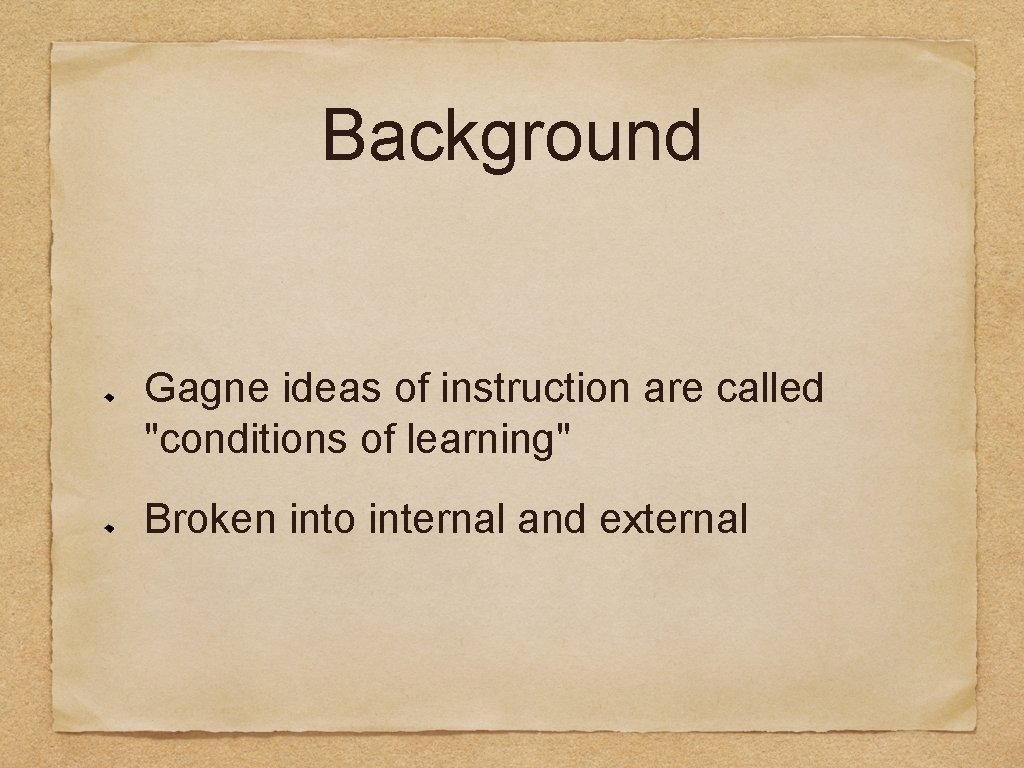 Background Gagne ideas of instruction are called "conditions of learning" Broken into internal and