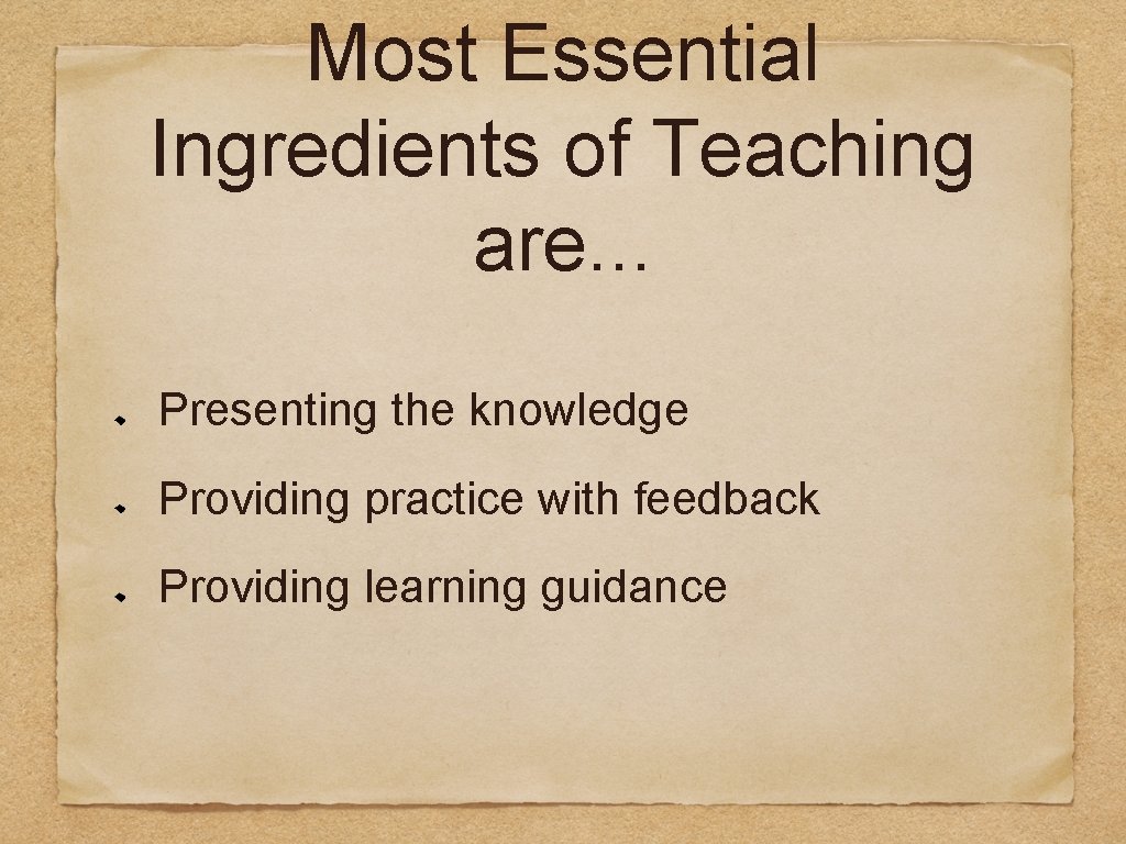 Most Essential Ingredients of Teaching are. . . Presenting the knowledge Providing practice with